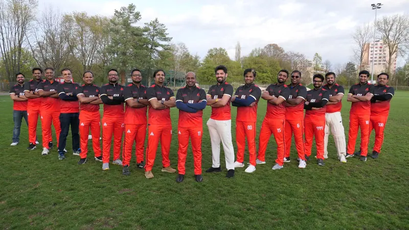 The A1 Men squad lined up in red and black kit on the outfield